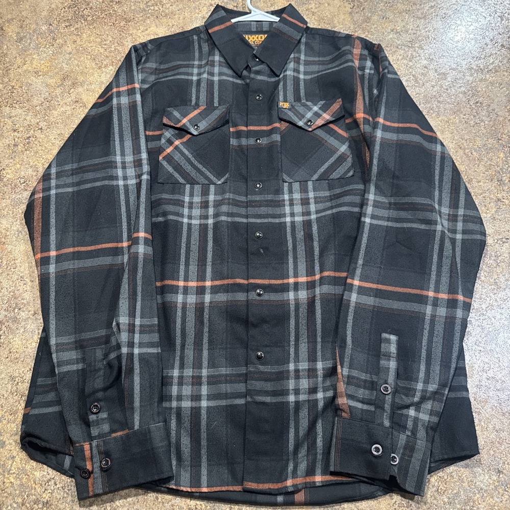 Dixxon Flannel Co x Fox Racing Shirt Men's XL Tall Black Orange Plaid Snap